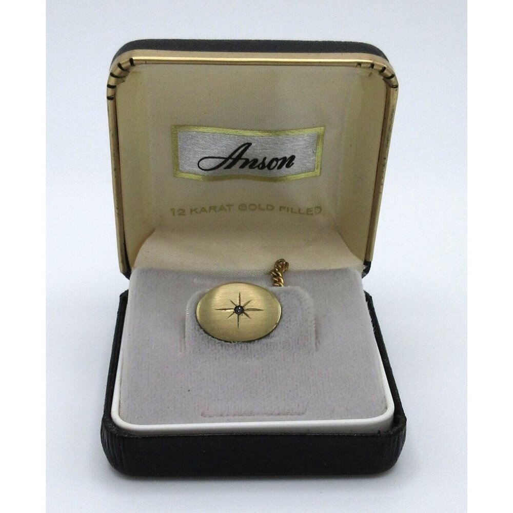 Vintage Mid Century Anson Oval Etched 12K Gold Filled Saphire Stone Tie Tack